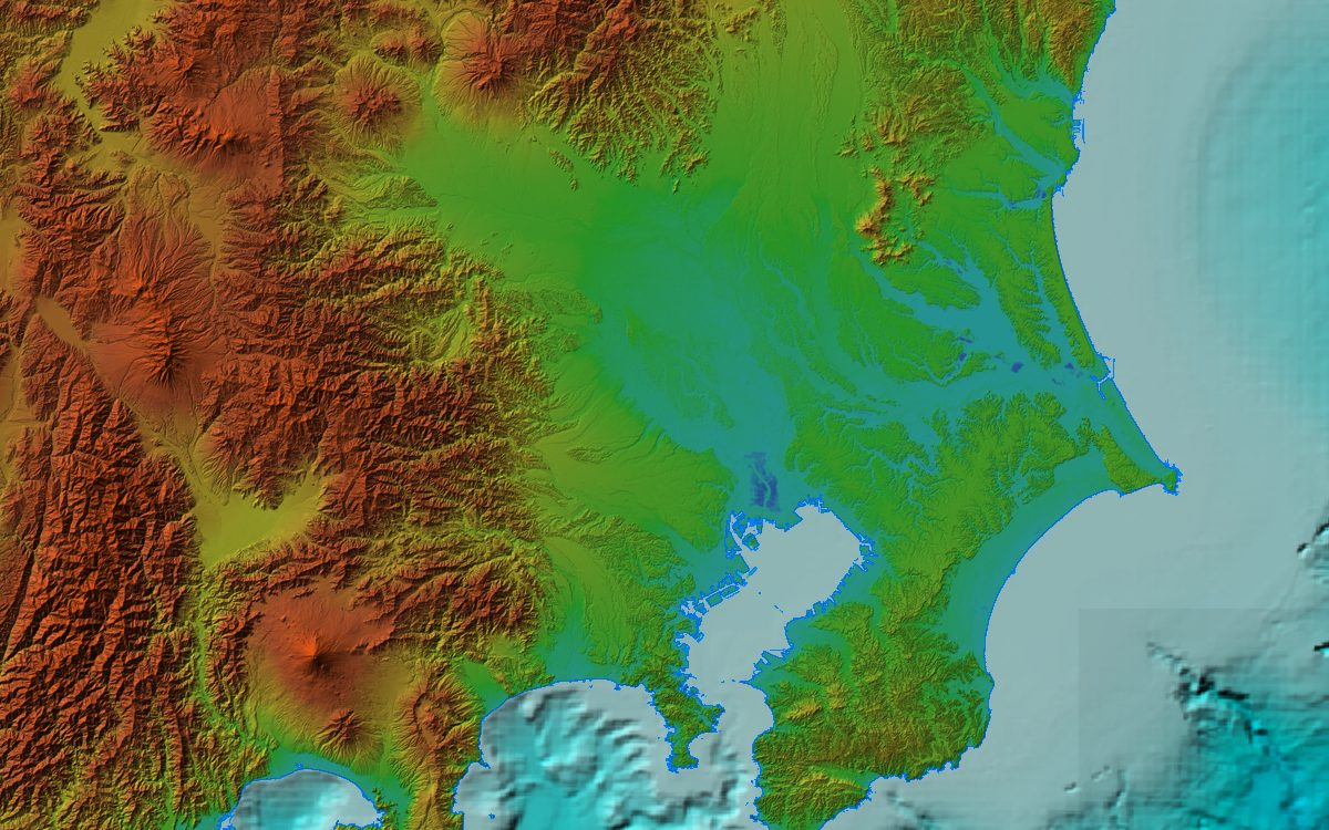 関東平野の色別標高図