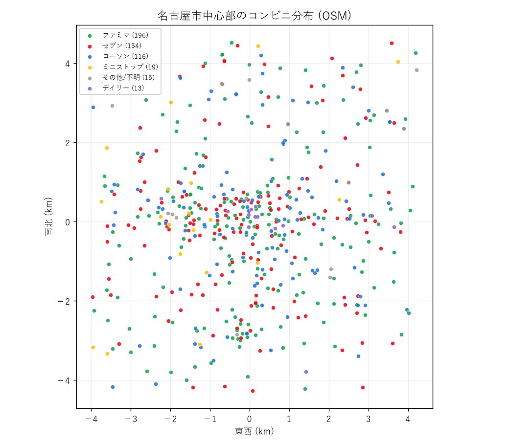 名古屋市中心部のコンビニ分布（データ：OpenStreetMap contributors／ODbL）