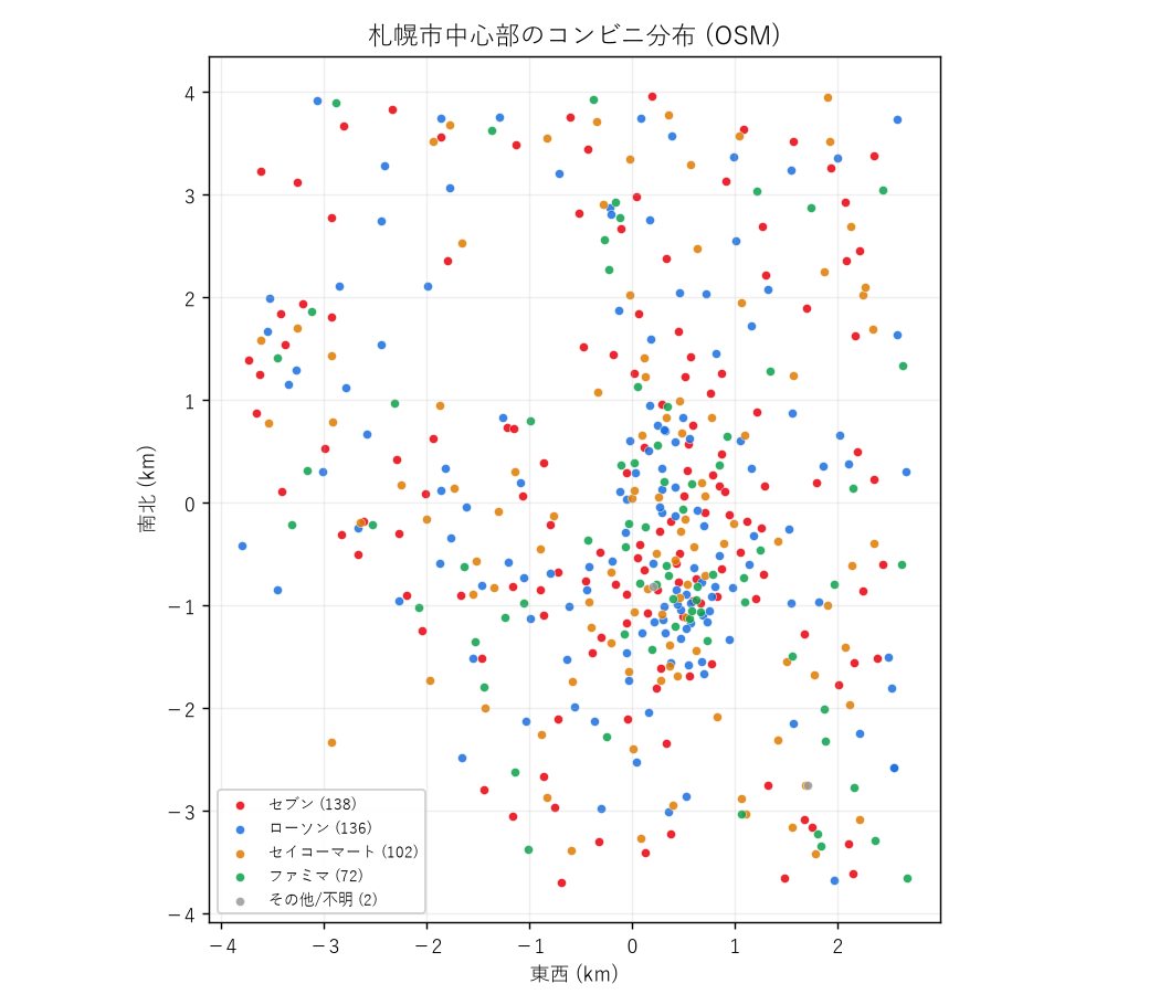 札幌市中心部のコンビニ分布（データ：OpenStreetMap contributors／ODbL）