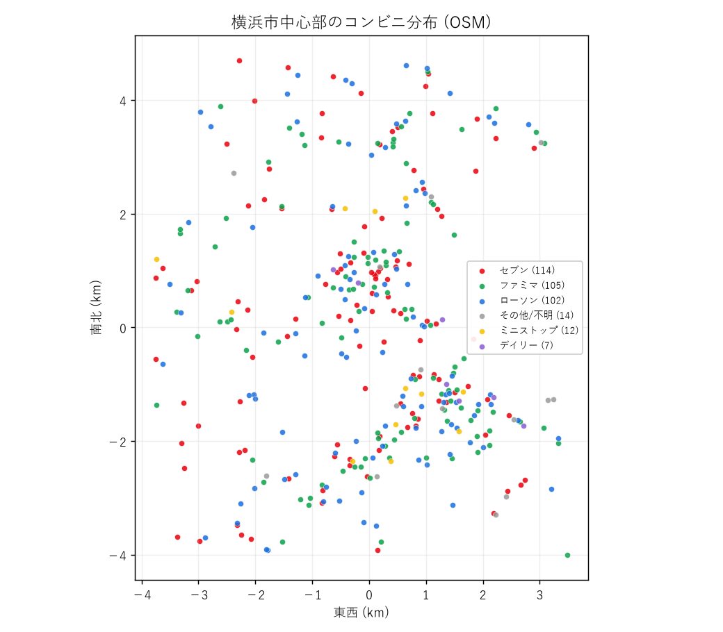 横浜市中心部のコンビニ分布（データ：OpenStreetMap contributors／ODbL）